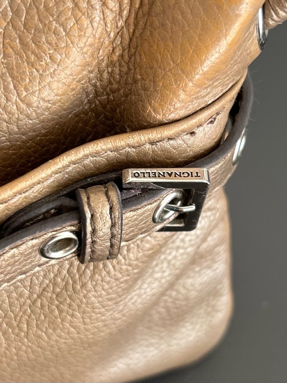 Tignanello Metallic Gold Pebbled Leather Crossbody Bag Buckle Accent Purse - Picture 10 of 11